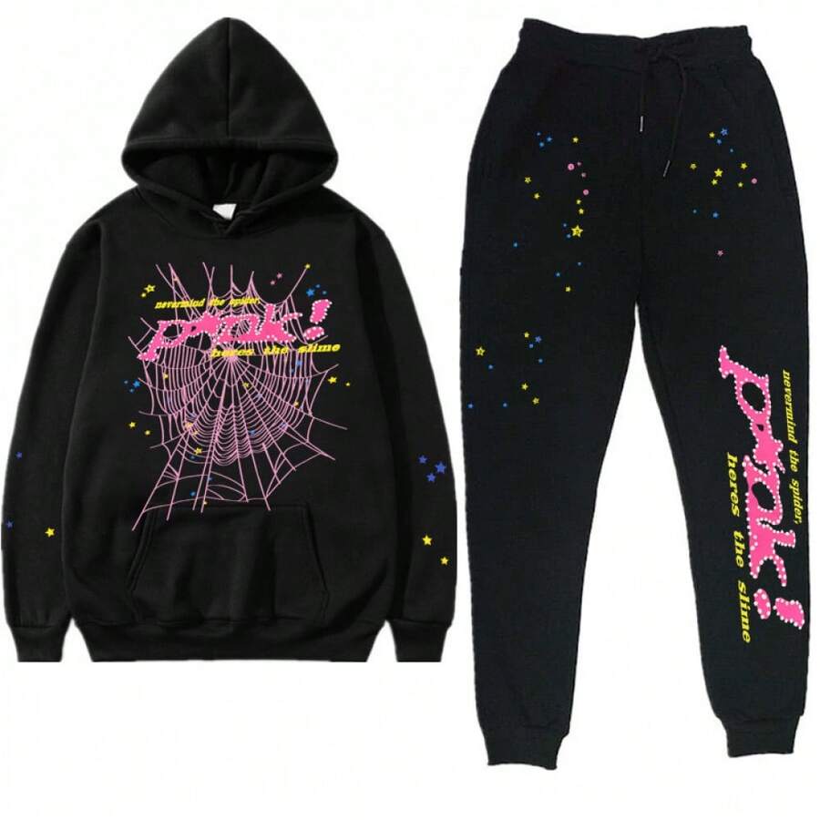 American Hip-Hop Singer Letter Print Couple Sweatshirt Unisex Hoodie Set Black Casual Wear Vacation Wear Streetwear Fabric - K黑色粉紅pink - 查看 1
