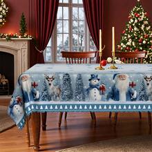 1 件浅蓝色圣诞主题桌布 - 圣诞老人、雪人、驯鹿冬季雪景设计，搭配蓝色雪花 - 耐用涤纶面料 - 适合矩形或圆形桌子，非常适合圣诞节礼物和新年庆祝活动、圣诞餐桌装饰、圣诞装饰 - 彩色 - 查看 7