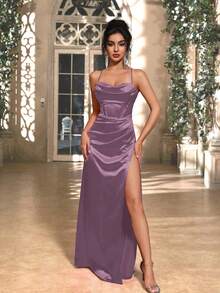 女士优雅紫色缎面细肩带褶饰后系带开衩连衣裙，适合宴会、派对、婚礼伴娘 - 紫色 - 查看 3