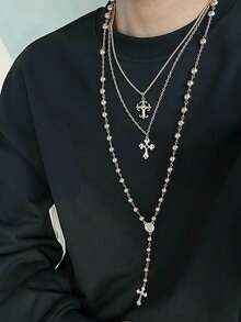 3pcs/Set Vintage Multilayer Cross Pendant Necklace Set, Fashionable Y-Shaped Necklace, Hip-Hop, Versatile, Minimalist, Bead Chain Necklace For Men/Women, Fashion Jewelry