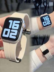 1条硅胶磁吸表带，兼容 42mm、38mm、40mm、41mm、44mm、45mm、46mm、49mm，时尚智能手表替换表带，适用于Series Ultra2、Ultra SE2、SE 11、10、9、8、7、6、5、4、3、2、1，可作为学生返校礼物 - 米色 - 查看 4