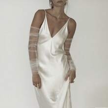 1 套/2 件新娘象牙色（更像白色）露肩系带披肩连衣裙，网眼臂套，无肩带，胸围最小 100 厘米，柔软单层薄纱新娘和伴娘晚礼服袖子配饰女士秋装 - 米色 - 查看 9