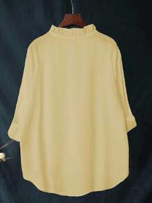 大码女式荷叶边长袖常规版型黄色休闲衬衫，适合日常办公室穿着 - 淺黃 - 查看 2