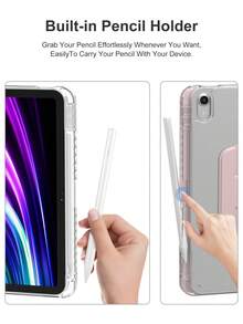 Funda giratoria compatible con iPad de 5.ª/6.ª/7.ª/8.ª/9.ª/10.ª/11.ª generación, Mini 6.ª/7.ª generación, Air 1.ª/2.ª/3.ª/4.ª/5.ª/11 pulgadas (M2)/11 pulgadas (M3)/13 pulgadas (M2)/13 pulgadas (M3) generación, Pro 12.9 pulgadas (3.ª/4.ª/5.ª/6.ª generación) con soporte incorporado para Apple Pencil, rotación de 360 grados, funda protectora de pie, tapa trasera transparente, activación/suspensión automática - Transparente acrílico y rosa