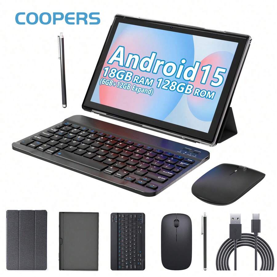 Coopers YQ10S Max 2 In 1 Tablet, 10 Inch Android 15 Tablet, RK3562 4-Core 2.0Ghz/6GB RAM+128GB ROM/2MP+5MP /1280x800 IPS Touch Screen/2.4+5G WiFi/WiFi 6/6000mAh/Google Certified Tablet PC With Keyboard/Mouse/Stylus/Protective Case(No Adapter) - Black - View 1