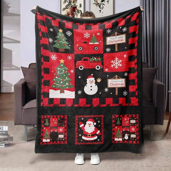 1pc Christmas Element Patchwork Pattern Flannel Digital Printing Blanket, Gift For Family And Friends, Dorm Blanket, Air Conditioning Blanket, Warm And Lightweight Flannel Throw Blanket, High-Definition Digital Printing, Personalized Flannel Quilt, Suitable For Multi-Purpose, Multiple Sizes Available, Suitable For All Seasons