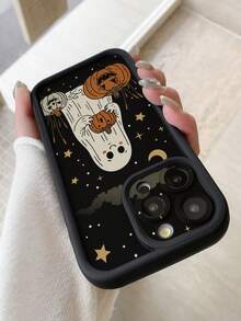 1pc Halloween Ghost & Pumpkin Lantern Pattern Phone Case With Precise Cutouts To Protect Camera, Shock-Proof Thick Black Cover For IPhone 11 Pro Max/12 Pro Max/13 Pro Max/14 Pro Max/15 Pro Max/16 Plus/16 Pro Max, 16E, Galaxy A55/A15/S24 Ultra/S25 Ultra, Redmi, OPPO/Realme, VIVO, Infinix, Honor, MOTO, One Plus