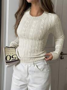 Women's Knitted Long Sleeve T-Shirt, Freeform Style, Fashionable & Minimalist, Suitable For Business, Casual, Commute, Elegant Vacation Wear, Warm, High-End, Versatile, Slimming, Victory Day, Cute, Retro Korean Style