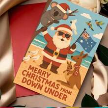 1pc Australian Christmas Card - Holiday Beach Scene With Santa, And Australian Animals - Envelope Style Holiday Greeting For Family, Friends And Colleagues - Perfect For Travel Enthusiasts And Summer Celebrations, Christmas Card | Cartoon Illustration | Paper Card, Christmas Card