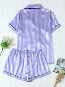 Bộ đồ ngủ 2 món bằng vải satin kẻ sọc, áo dài tay cài nút cổ cao và quần dài thắt nơ, đồ ngủ mặc ở nhà, mùa thu/đông - Màu tím  Violet - Xem 2