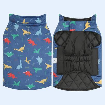 1件狗狗冬季恐龙印花羽绒服，舒适防水防风保暖宠物服装，双面可穿
