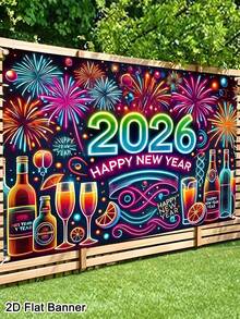 1 件 2026 新年快乐横幅背景，150x100 厘米彩色烟花荧光香槟图案，涤纶面料新年标志海报横幅，新年照片展台背景派对装饰，新年派对用品，2026 年新年快乐装饰 - 彩色 - 查看 3