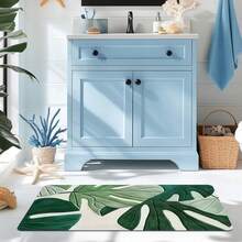 1 pieza Alfombra de baño con estampado de hojas verdes tropicales, alfombra de área pequeña adecuada para sala de estar, dormitorio, cocina, oficina, bañera, ducha, decoración de baño, superficie suave y esponjosa, para todas las estaciones, alfombra esponjosa, decoración del hogar encantadora. Ideal para decoración de baño o dormitorio, accesorios de baño, adecuado para decoración de entrada del hogar, decoración navideña, alfombra de cocina
