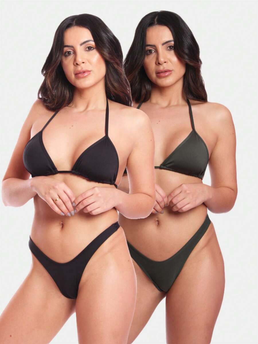 KIT 2 Bikini Thong Panties Delta Wing Beachwear Summer Casual Look Women's Fashion - 黑色和苔綠色 - 查看 1