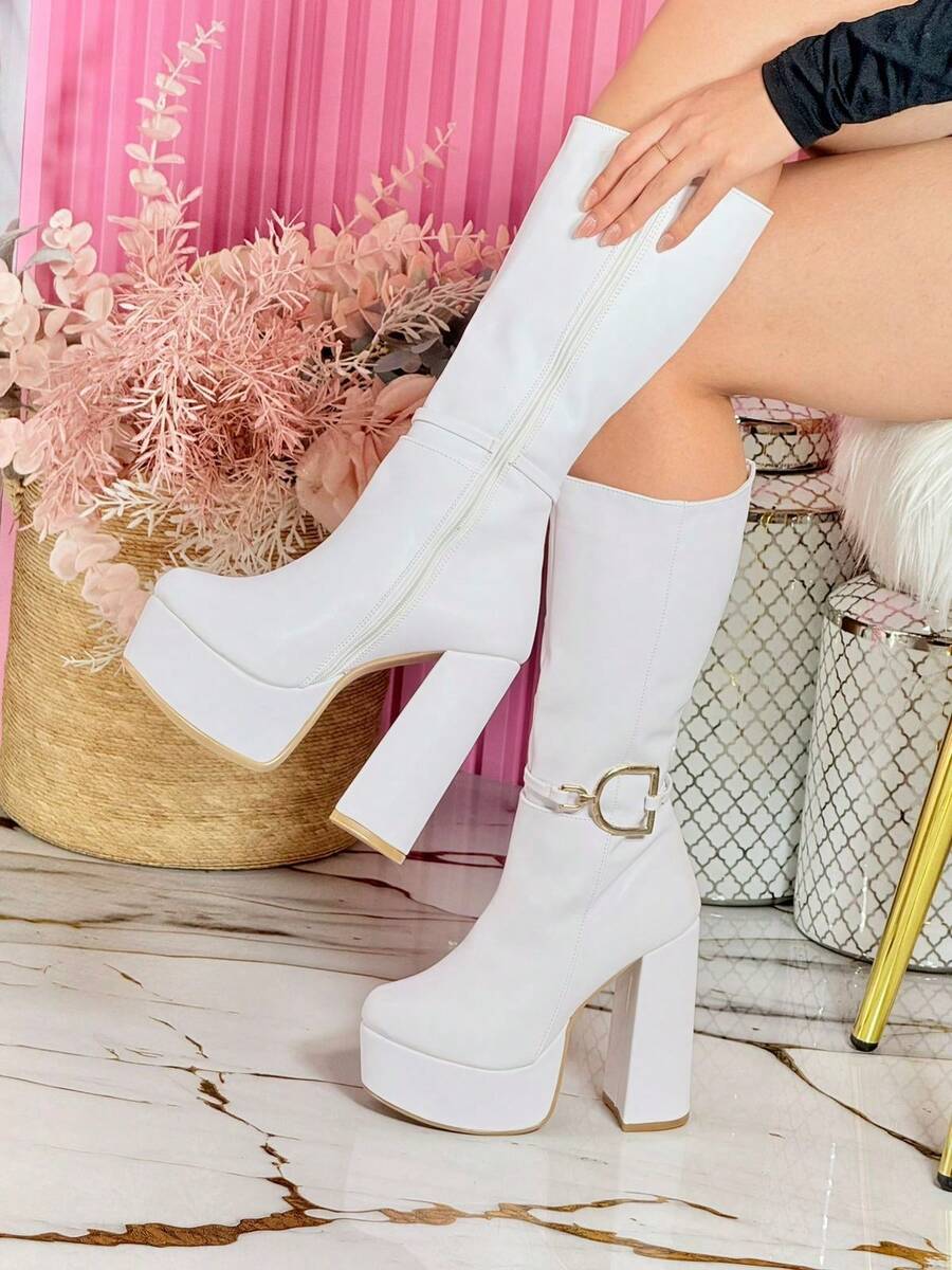 Botas de recubierto elegantes tacon comodo con Estilo de discoteca Cremallera lateral Hebilla Plataforma Fiesta todas las temporadas. - Blanco - Ver 1