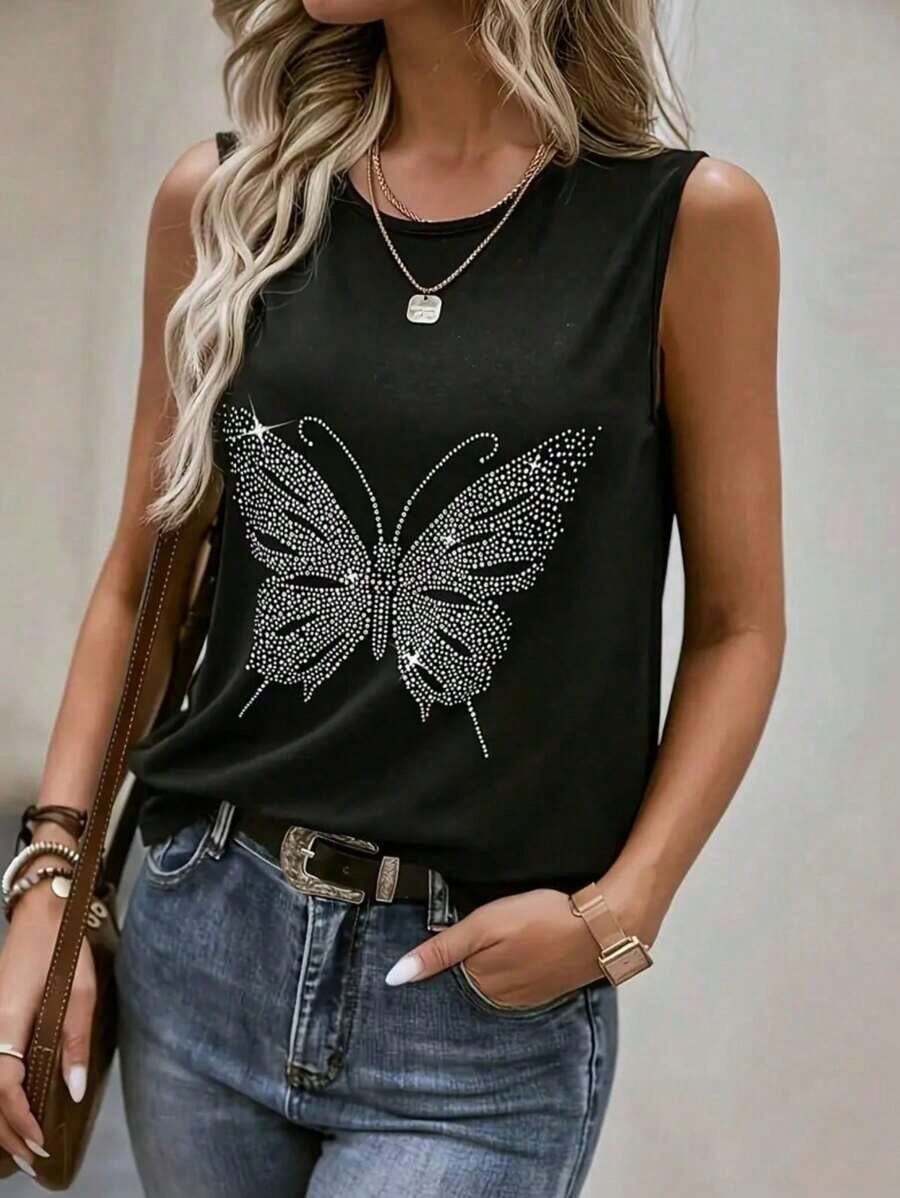 Women's Butterfly Tank Top 100% Cotton Shirt Premium Mesh Blouse New Release - 白色 - 查看 1