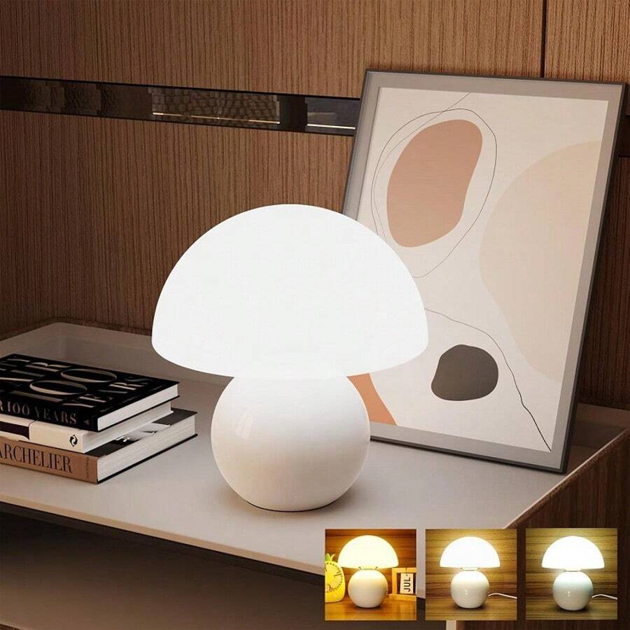 Small Mushroom Lamp,USB-Plug In Bedside Table Lamps With 3-Temperature LED Bulb Dimmable,Unique Cute Aesthetic Home Decor For Living Room,Bedroom, Modern Ceramic Base Glass Lamp - 菇 - 查看 1