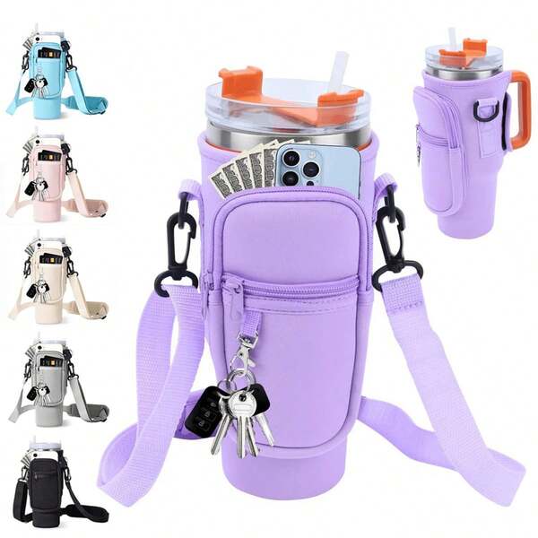 1pc Water Bottle Carrier Bag With Phone Pocket, Fits 40/30oz Tumblers, Adjustable Handle With Key Hook, Suitable For Hiking, Camping, Sports Water Bottle Insulated Sleeve