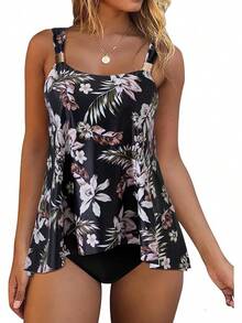 Traje de baño tankini con volantes de cintura alta y control de abdomen para tallas grandes - Floral negro - Ver 1