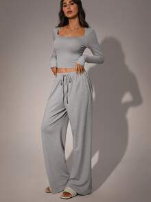 Meguma 2 Stück Damen Lässig Set, Crop Top mit quadratischem Ausschnitt und Langarm kombiniert mit weiter Hose, minimalistischer Freizeitkleidung für den täglichen Gebrauch Zuhause, Herbst-Winter-Kleidung