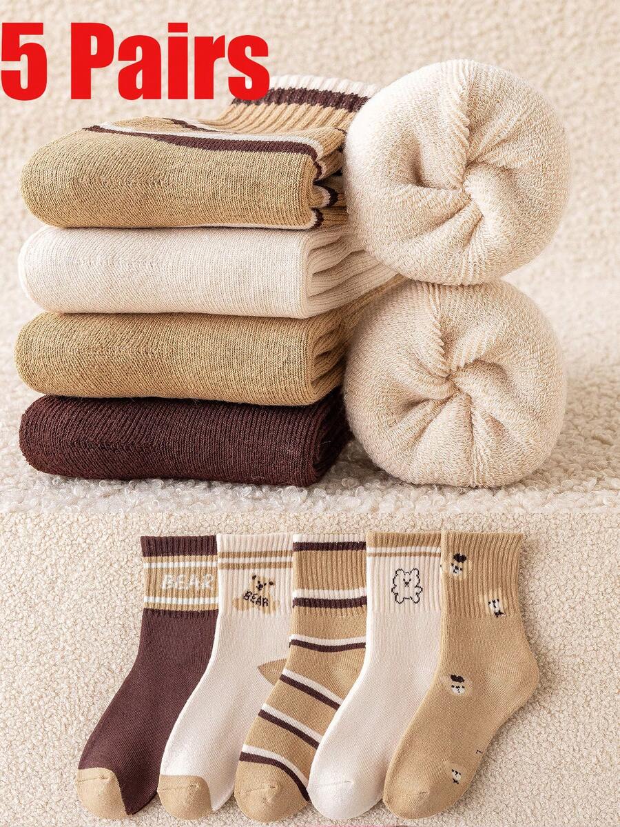 5 Pairs Kids Socks, Cartoon Bear Design, Thick Warm Mid-Calf Socks For Boys And Girls, Knitted Sports Socks For Students, Toddlers