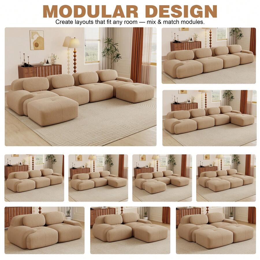 81.8"/117.3"/152.7" Modular Sectional Sofa, Corduroy Boneless Sofa With Deep Seat And Button Tufted Cushions, Comfy Cloud Sectional Loveseat Couches For Living Room Bedroom, No Assembly - 駝色 - 查看 1