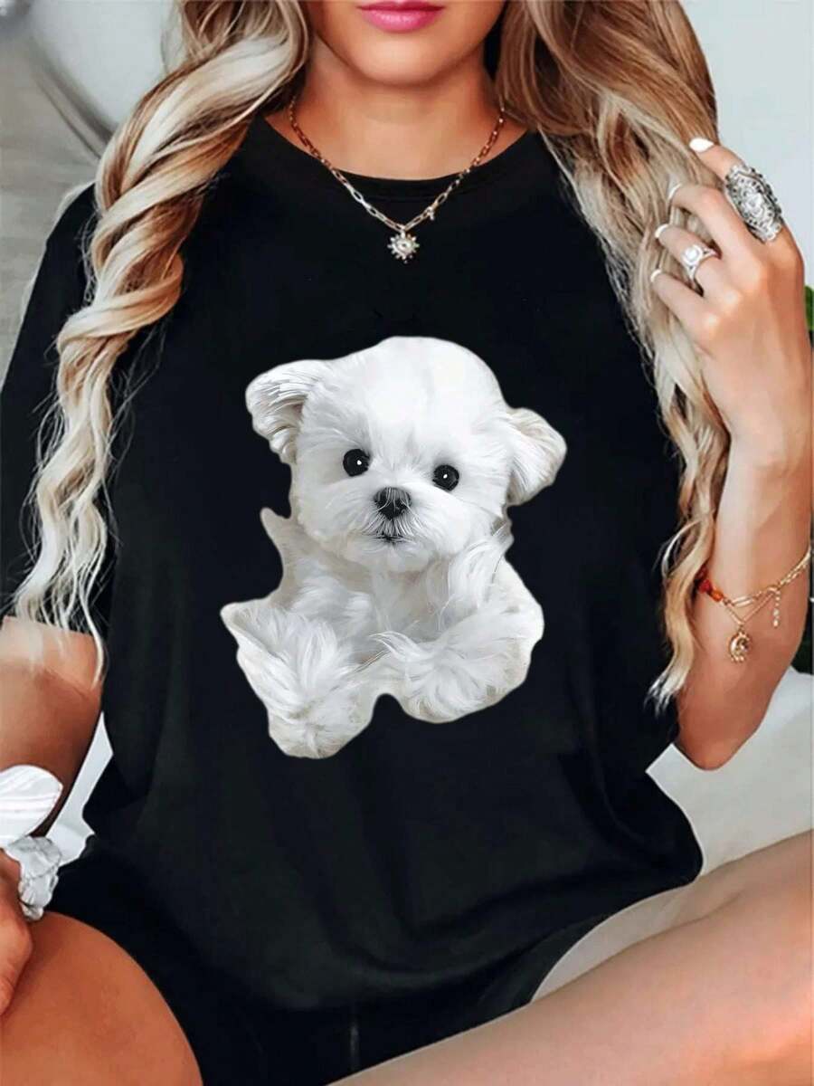 Camiseta informal gráfica de perro ,Camiseta informal de algodón de verano para mujer, manga corta, cuello redondo, 220 g/m2 (1 pieza) - Negro - Ver 1