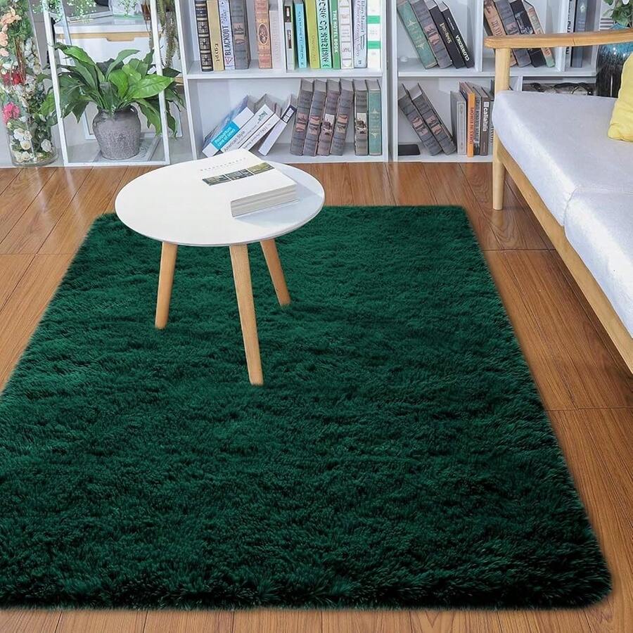 Soft Modern Indoor Shaggy Area Rug For Bedroom Livingroom Dorm Kids Room Home Decorative, Non-Slip Plush Fluffy Furry Fur Rugs Comfy Nursery Accent Floor Carpet 2x3 Feet, Deep Green - 深綠 - 查看 1