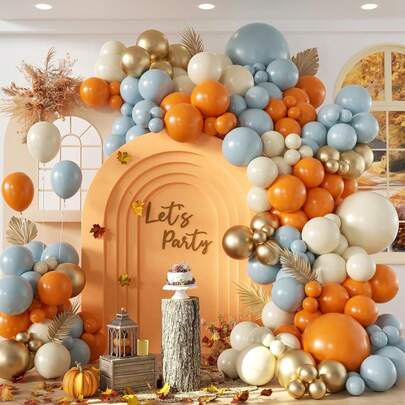 136pcs Autumn Balloon Arch Set, Thanksgiving Balloon Wreath, Includes Burnt Orange, Dusty Blue, Ivory And Metallic Gold Mini Pumpkins, Autumn Baby Shower Birthday Party Decor