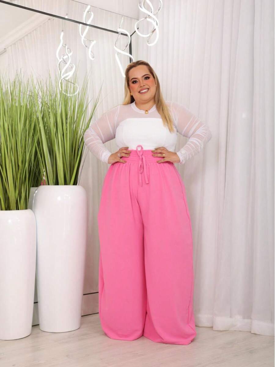 Women's Curvy And Plus Size Wide Leg Pants, Stylish And Super Fluid, Fits Up To Size 60 - Màu Hồng baby - Xem 1