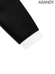 Women's Colorblock Faux Button Top And Straight Leg Pants Set - Crew Neck Long Sleeve T-Shirt, Colorblock Trim, Office Casual 2 Pieces Set - Black - View 4