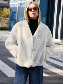 Plus Size Women Front Open Faux Fur Collar Long Sleeve Jacket, Business Commute Coat For Winter