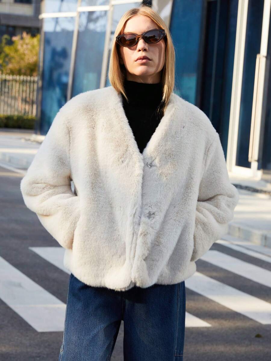 Plus Size Women Front Open Faux Fur Collar Long Sleeve Jacket, Business Commute Coat For Winter