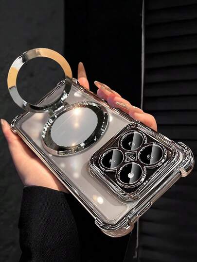 Funda de teléfono transparente plateada de lujo con soporte magnético y anillo, a prueba de golpes, con espejo de maquillaje incorporado, decoración de cristal brillante con estilo Y2K, carcasa suave de silicona a prueba de golpes, compatible con Samsung Galaxy S24 S25 Ultra FE A56 A16 4G 5G, Redmi 14C, Honor, OPPO Reno, Realme, MOTO, Infinix, estilo unisex Y2K 2025