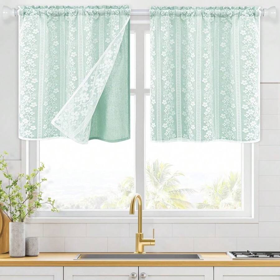 Linen Kitchen Tier Curtains 24 Inch Length, Double Layered Kitchen Curtains 2 Panel Sets Rod Pocket Short Window Curtain, Farmhouse Window Treatment For Bathroom, Cafe, Light Green - LightGreen26Wx24LPackof2 - View 1