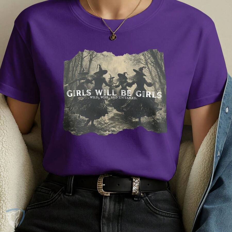 Girls Will Be Girls Printed Women's T-Shirt | Witches In The Forest Art - 紫色 - 查看 1
