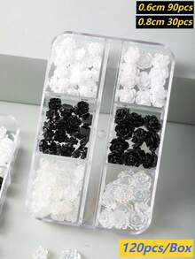 120片8mm+6mm极光山茶花玫瑰美甲装饰贴，透明/白色/黑色混合，3D立体设计，易于粘贴，适用于婚礼、假期、青春活动等场合，可用于美甲设计、珠宝制作、棺材形美甲、法式杏仁形美甲、短指甲和长指甲、椭圆形指甲、方形指甲、珠宝工艺、毕业帽设计、DIY手机壳等。美甲用品 - 彩色 - 查看 3