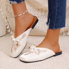 2025 Autumn New Embroidered Square Toe Flat Slippers For Women, Fashion Bow Slip-On Mules - Beige - View 11