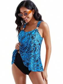 High Waisted Ruffle Tankini Swimsuit Plus Size Tummy Control - Blue Paisley - View 6