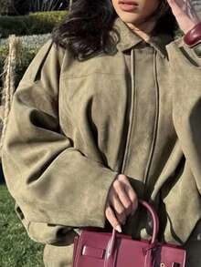 European American Women's Fashion Bomber Jacket: Bat Sleeve, Zipper Closure, Casual Top For A Stylish Look - 軍綠色 - 查看 2