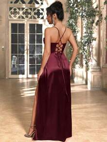 Women's Elegant Chestnut Satin Spaghetti Strap Ruched Decor Back Tie Slit Dress, Suitable For Banquet, Party, Wedding Bridesmaid