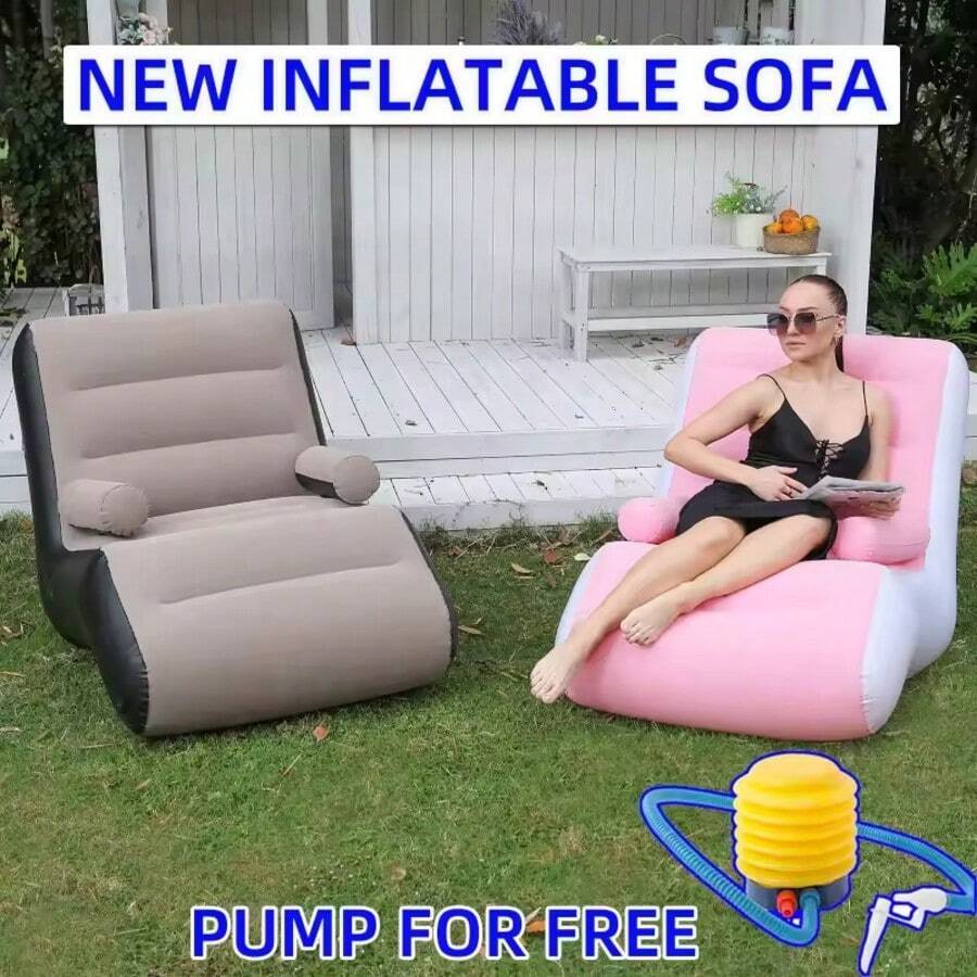 Lazy Inflatable Sofa, Inflatable Lounge Chair, Flocked Backrest, Inflatable Sofa Bed, Suitable For Indoor And Outdoor Use, Home, Patio, Garden, Swimming Pool, Camping (Includes Air Pump) - Coffee - View 1