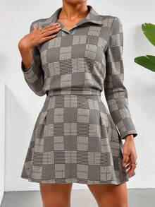 Set conjunto dama mujer estampado cuadros blusa manga larga cuello camisero falda corta línea silueta femenina casual elegante diario salidas viajes cómoda eventos otoño invierno - Gris - Ver 1
