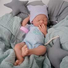 This 12-Inch Reborn Doll Is A Cute Baby Boy Wearing A Blue Fish Pattern Outfit, With Eyes Closed, Can Be Bathed, Soft And Realistic Touch, Made Of Silicone Material, An Ideal Children's Birthday Gift, Collectible Toy, And Halloween/Christmas Gift. - Blue - View 6