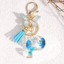 Fashionable Butterfly Tassel Flower Initial Keychain For Girl And Ladies, Blue Cute Dry Flower Dandelion Letter Key Chain, Backpack/Handbag Decoration Gift Bag Accessories Lanyards With Id Holder Car Accessories Bag Charms Christmas Car Accessories Teacher Friend Sister Gift Ideas