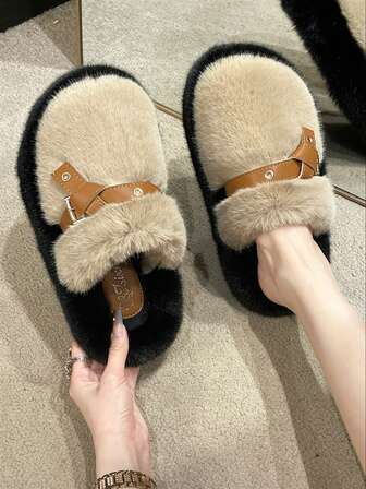 2025 Women's New Thick Sole Fluffy Slide Slippers, Closed Toe Slip On Sandals, Elevated Platform, Suitable For Spring, Autumn, Winter, Indoor/Outdoor, Office, Size 35-40