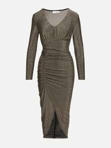 Vestido justo de viscose com cintura franzida e fio metálico