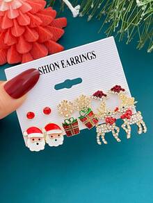 独特的圣诞主题耳环套装 - 圣诞老人、驯鹿等 - 彩色 - 查看 8