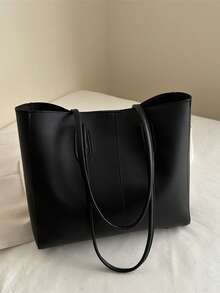 2pcs Women Black Quilted Lining Shoulder Tote Bag, Fashion Large Capacity Combination Handbag With Snap Closure, Casual Street Style For Photography, Daily Commute