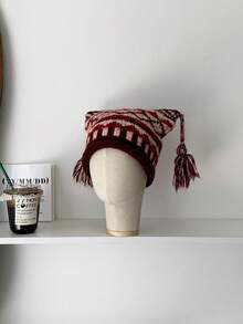 1 件可爱编织图案针织帽，带卷边，俏皮的魔鬼角设计，复古冰岛风格针织冬帽，温暖时尚的护耳帽，带图案围巾